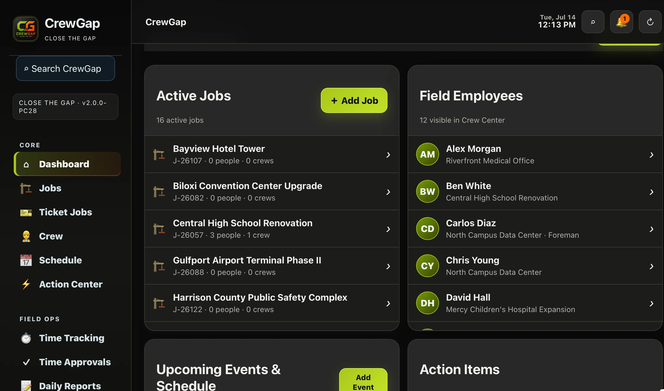 CrewGap dashboard showing active jobs, field employees, schedule and action items