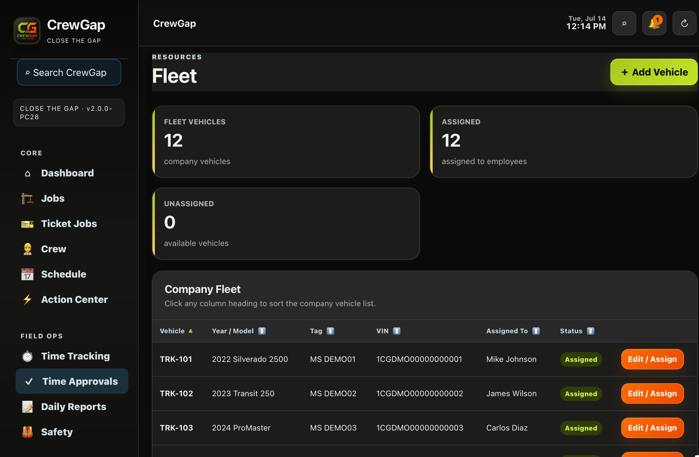 CrewGap fleet screen