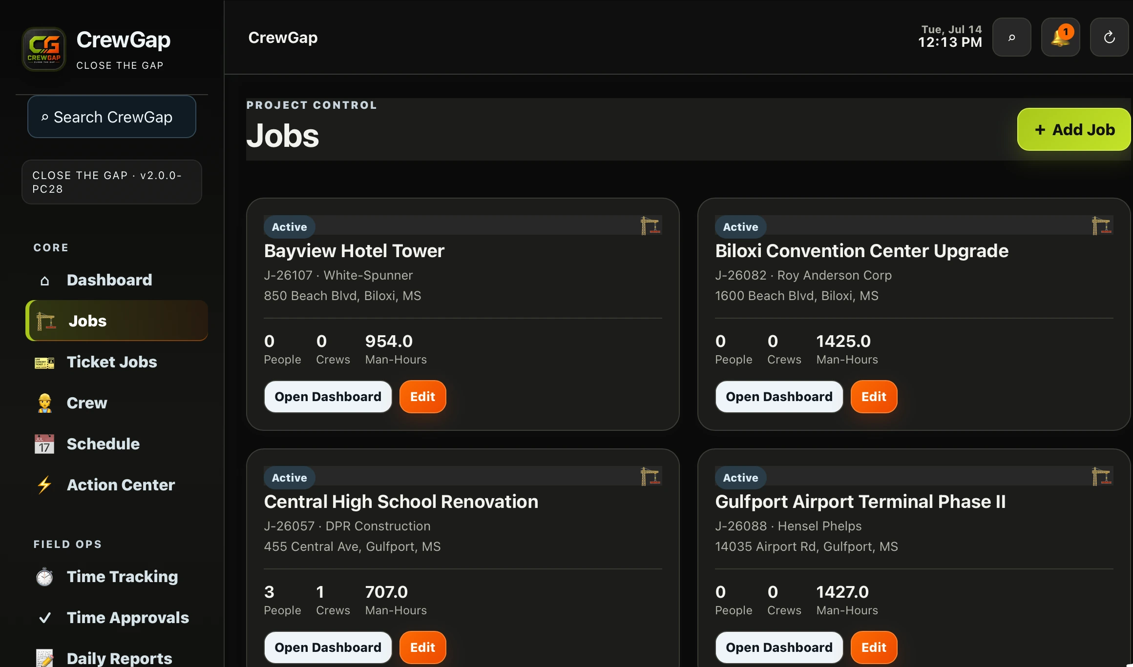 CrewGap jobs screen