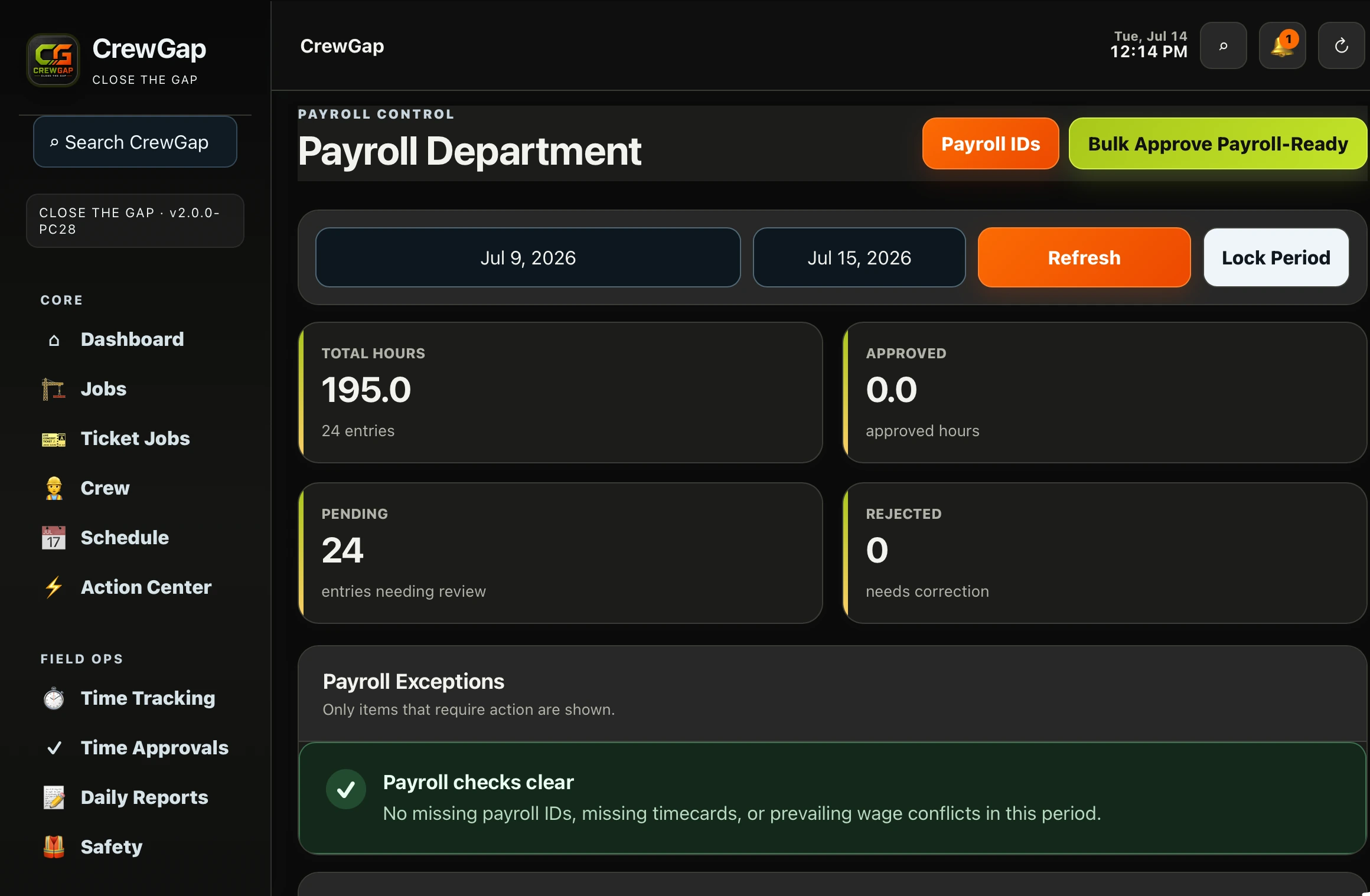 CrewGap payroll department screen