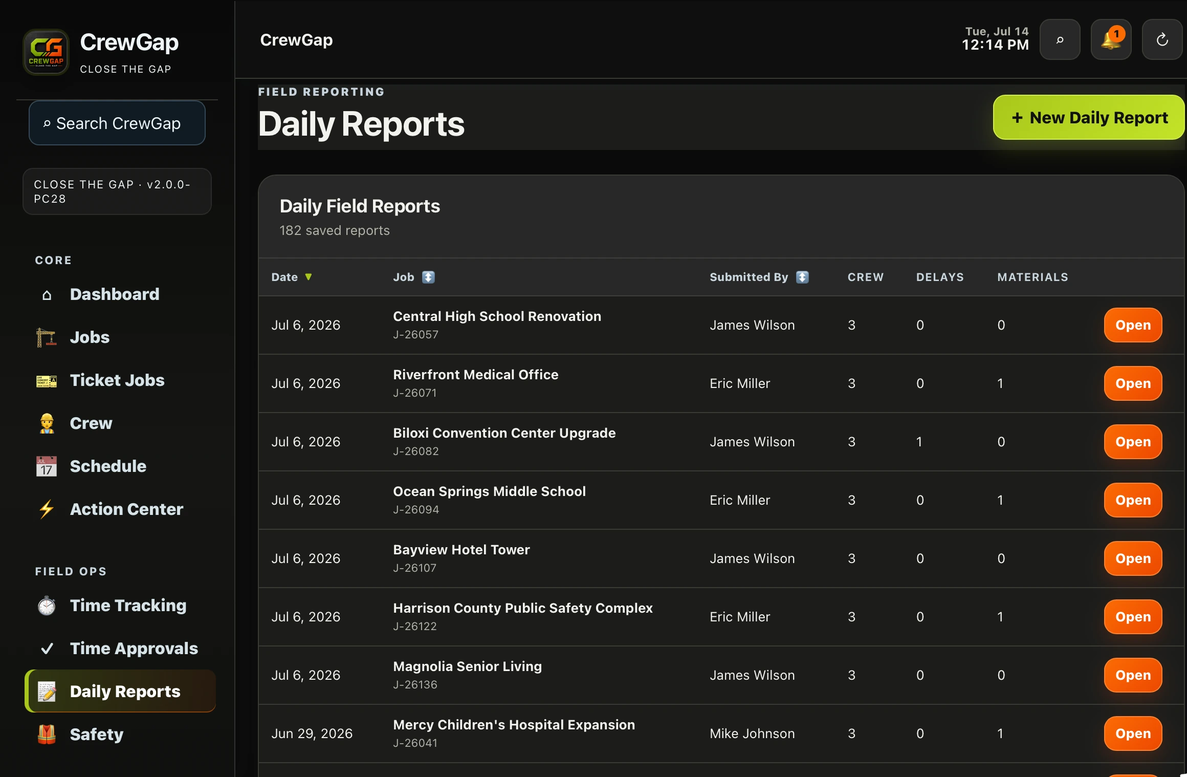 CrewGap daily reports screen